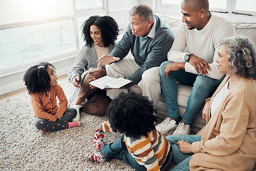 Image showing Family with book for reading, surprise with fantasy and grandparents with parents and kids at home for storytelling. Wow, shock and imagine, generations and happy people with novel, bond and love