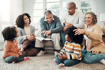 Image showing Family relax, generations with fantasy and reading book, grandparents with parents and kids at home for storytelling. Animation, entertainment and surprise, happy people bonding with love and care