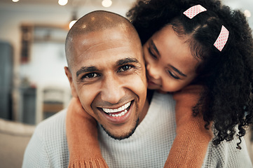 Image showing Family, portrait and girl hug father on sofa, happy and laugh, playing and bonding in their home. Piggyback, face and child with parent on a couch, sweet and hugging while having fun in a living room