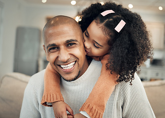 Image showing Happy family, portrait and girl kissing father on sofa, hug and smile, laugh and bond in their home. Piggyback, face and child with parent on couch, fun and embracing in living room on the weekend