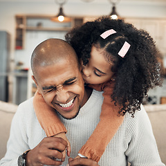 Image showing Family, hug and girl kissing father on sofa, happy and laugh, playing and bonding in their home. Piggyback, embrace and child with parent on couch, sweet and hugging while having fun in living room