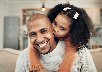 Image showing Family, portrait and girl kiss father on sofa, happy and playing or bond in their home. Piggyback, hug and face of parent with child on couch, sweet and embrace and having fun in living room