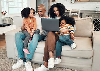 Image showing Happy, relax and family with a laptop for a movie, comedy show or subscription service. Smile, together and parents with children on the sofa for a film, series or entertainment on a computer