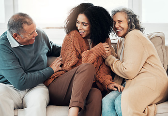 Image showing Family, playful and a black woman at her parents home for a visit while bonding on a sofa in the living room together. Love, relax and a senior father tickling his daughter while having fun