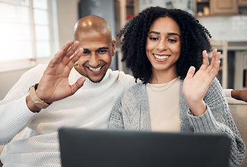 Image showing Couple wave, laptop and video call, communication and happy people at home, technology and virtual chat. Internet, connection and network, man and woman relax in living room with online conversation