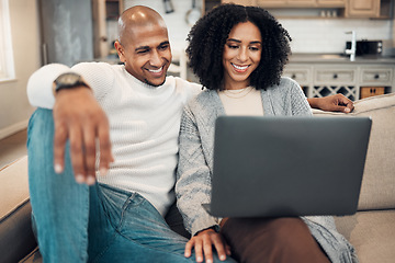 Image showing Happy couple, watch video on internet with laptop and streaming with network, smile and relax in living room. Subscription, connectivity and wifi with technology, people at home together on sofa