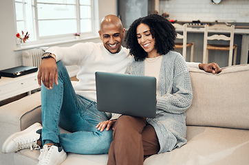 Image showing Happy couple, watch movie online with laptop and streaming with network, smile and relax in living room. Subscription, internet connectivity and wifi with technology, people at home together on sofa