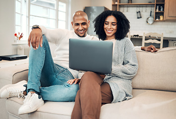 Image showing Happy couple, watch film online with laptop and streaming with network, smile and relax in living room. Subscription, internet connectivity and wifi with technology, people at home together on sofa