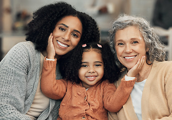 Image showing Family, love and portrait by girl with mother and grandmother on a sofa, happy and smile in their home. Bond, relax and face of senior woman with adult daughter and grandchild on couch on the weekend