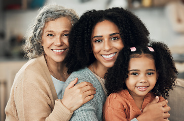 Image showing Happy family, portrait and hug by girl with mother and grandmother on sofa, smile and sweet on blurred background. Face, row and generations of women relax on couch, bond and embrace in living room