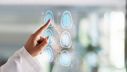 Image showing Brain x ray, digital clinic results and doctor hands with report hologram about neurology work. Anatomy, xray and assessment data with a healthcare 3d info with futuristic mri test in a hospital