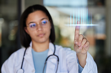 Image showing Digital medical info, data overlay and woman doctor pointing to hospital analytics. Clinic, wellness and health research hologram with a female employee checking futuristic healthcare in a metaverse