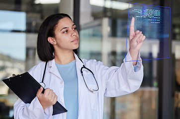 Image showing Hospital coding chart, graphic and woman doctor check medical stats and healthcare analytics. Clinic, futuristic wellness and health research code hologram with employee checking 3d information