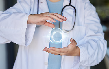 Image showing Healthcare, futuristic hologram and hands of doctor with AI, 3d world and digital overlay for medical research. Hospital, insurance and woman worker online for global telehealth, data and wellness