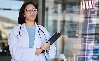 Image showing Hospital code graphic, futuristic data and woman healthcare worker with lab stats and analytics. Wellness database and health research hologram with a female employee checking 3d doctor information