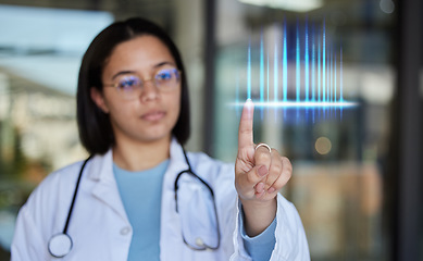 Image showing Doctor hand, futuristic chart and finger of healthcare employee with hospital stats or analytics. Clinic, 3d or AI health research hologram with a worker checking lab medical information in metaverse