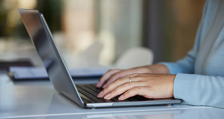 Image showing Business, laptop and hands typing in office for email, report or project in workplace. Computer, keyboard and professional woman or female writing research, planning or internet browsing in company.