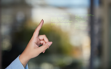 Image showing Closeup, hand and finger with code, hologram and programming for futuristic planning, cyber security and software update. Zoom, hands and programmer coding, holographic or data analytics for security