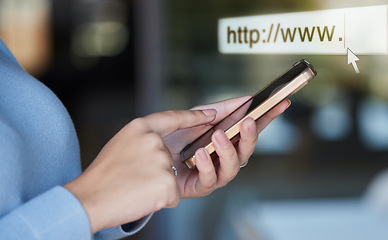 Image showing Web search, internet and phone with hands of woman for url, technology and data connection. Website, text and seo with girl and typing on mobile for social media, online browser and information