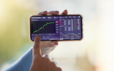 Image showing Stock market, chart and phone screen in hands for crypto app, trading analysis or bitcoin website. Fintech growth, ecommerce and woman touch smartphone for financial statistics, profit and investment