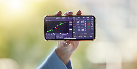 Image showing Stock market screen, chart and hand with phone for crypto, trading analysis and bitcoin website. Fintech mockup, ecommerce and woman on smartphone for financial statistics, profit data and investment