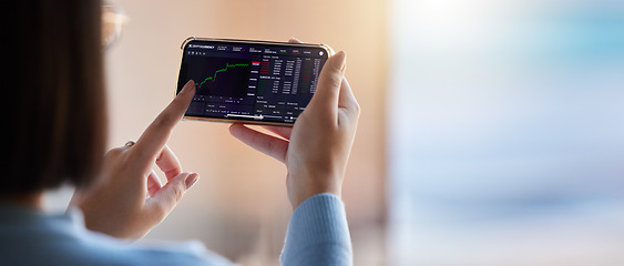 Image showing Stock market, fintech chart and phone in hands of woman for crypto, trading analysis and bitcoin screen. Finance growth, ecommerce and girl on smartphone for financial statistics, profit and invest