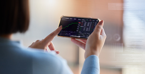 Image showing Stock market, chart on screen and phone in hands of woman for crypto, trading analysis and bitcoin overlay. Fintech mockup, ecommerce and girl on smartphone for financial statistic, profit and invest