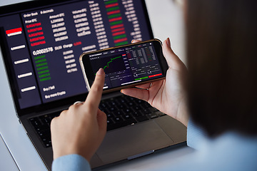 Image showing Stock trading chart, laptop and phone in hands of woman for crypto, data analysis and bitcoin screen. Fintech growth, ecommerce and girl on technology for financial statistics, profit and investment