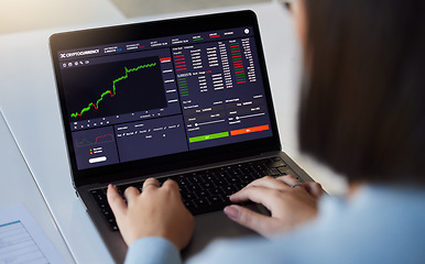 Image showing Stock market, finance chart and woman on laptop for crypto, trading analysis and bitcoin screen. Fintech growth, ecommerce and girl on computer for financial statistics, profit and online investment