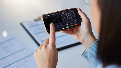 Image showing Stock market chart, trading and phone in hands of woman for crypto, finance analysis and bitcoin screen. Fintech app, ecommerce and girl on smartphone for financial statistics, profit and investment