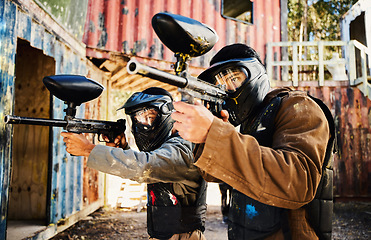 Image showing Paintball, target training or men with guns in shooting game with teamwork on fun army battlefield mission. Focused male soldiers aim war weapons for fighting or group survival in military challenge