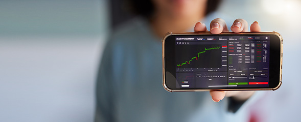 Image showing Stock market chart, screen and phone in hands of woman for crypto, trading analysis and bitcoin mockup. Fintech growth, ecommerce and girl on smartphone for financial statistics, profit app or invest