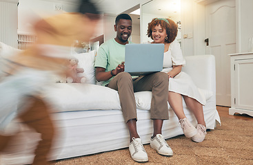 Image showing Running, playing and family with a laptop in the living room for movie, streaming and show online. Interracial, happy and father and mother with a computer while children play with energy at home