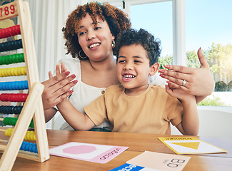 Image showing Abacus, math and education with mother with son study for home schooling, kindergarten and tutor. Teaching, child development and lesson with black woman and kid for homework, learning or creative