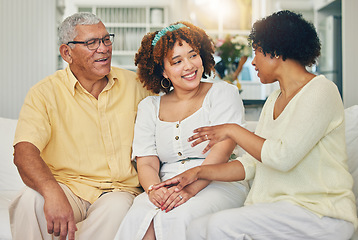 Image showing Family, woman and home with senior people talking on a living room sofa in a house. Smile, communication and love of a female with elderly parents conversation in a lounge together on a couch