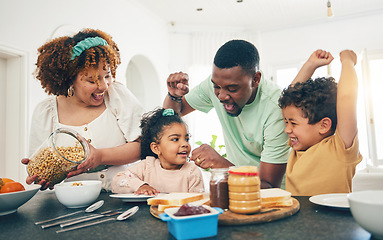 Image showing Breakfast food, happy family and celebration with mother, dad and kids helping in the kitchen. Home, cereal and mama cooking with children and father smile together with happiness in morning