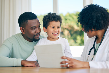 Image showing Pediatrician tablet, dad and child with a smile from patient results with good news at a hospital. Happy kid, father and doctor in a clinic consultation office with a healthcare worker and family