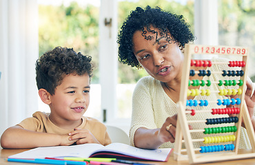 Image showing Abacus, grandmother or boy learning math kindergarten homework or school education in house. Numbers counting or serious senior woman teaching or helping a smart young boy student with development