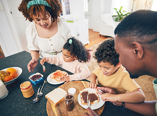 Image showing Love, lunch food and black family children, mother and father eating meal, bonding and prepare ingredients. Morning breakfast, kitchen counter or hungry mom, dad and young youth kids excited at home