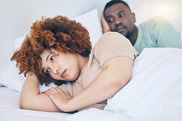 Image showing Bedroom, couple conflict and sad black woman in morning after fighting, argument and relationship problem. Depression, dating and man and girl in bed with sexual frustration, infertility and stress