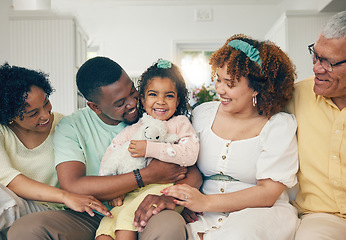 Image showing Black family, portrait and living room sofa with grandparents, parent love and care in home. Lounge, happiness and kids with mom and dad together feeling happy with a hug on couch with mama and dad