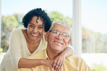 Image showing Portrait, love and senior couple hug, smile and quality time with joy, cheerful or celebrate relationship. Face, old man and mature woman embrace, happiness or affection with care, relax and marriage