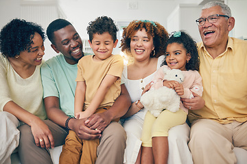 Image showing Black family, kids and living room sofa with bonding, parent love and care in home. Lounge, happiness and children with mom and dad together feeling happy with a hug on a couch with mama and father