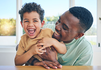 Image showing Father, laugh and black man tickle son, have fun and enjoy happy quality time together in Jamaica home. Family bonding, child love and playing African people, youth kid or papa tickling laughing boy