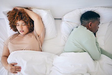 Image showing Top view, sleeping and black couple in bed in morning after fighting, argument and relationship problem. Depression, dating and male in bed with woman with sexual frustrated, infertility and stress