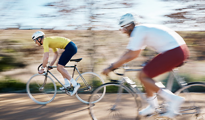 Image showing Race, cycling and fast with men in park for training, motion blur and cardio workout. Marathon, sports and exercise with cyclists riding on bike for speed, challenge and fitness for competition
