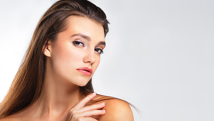 Image showing Woman, beauty portrait and mockup with makeup, cosmetics and natural skin care aesthetic. Isolated, white background and young female model with mock up for skincare and dermatology in studio