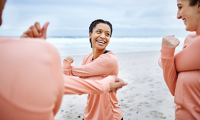 Image showing Volleyball, smile and women stretching on beach excited to play match, competition and sports game. Teamwork, fitness and happy female players stretch arms for warm up practice, training and exercise