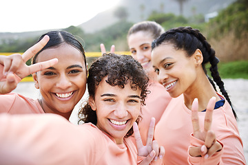 Image showing Selfie portrait, volleyball and women with peace sign on beach for sports game, match and competition. Friends, teamwork and happy girl athletes smile in picture for training, practice and fitness