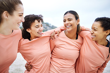 Image showing Friends, cheerful women and beach with hug for comic laugh, happy team and motivation for smile, support and diversity. Gen z athlete group, embrace and funny with solidarity, exercise and wellness